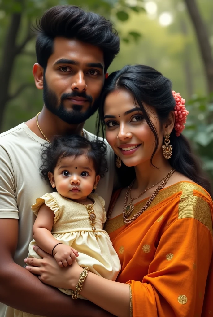 Photorealism A young south indian man with beard and a young south indian woman with their beautiful 1 girl , mention their names somewhere as Athul (man) , Devi (woman) and Nandhooty (baby)