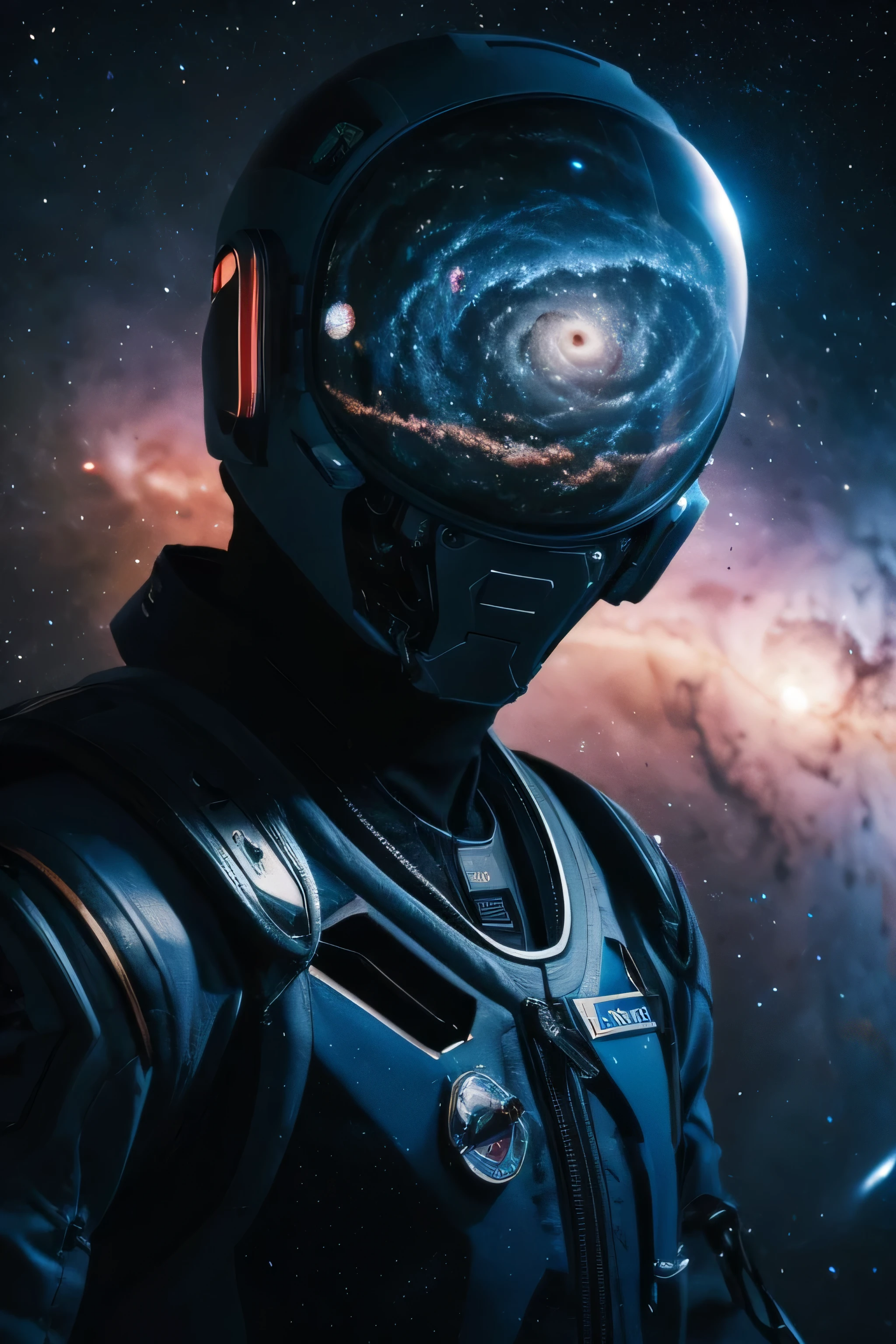 (best quality, masterpiece),Detailed,1boy,astronaut,complex portrait of a sci-fi Borg floating in outer space,nebula,galaxy,Looking forward,(cybernetic limb:0.7),