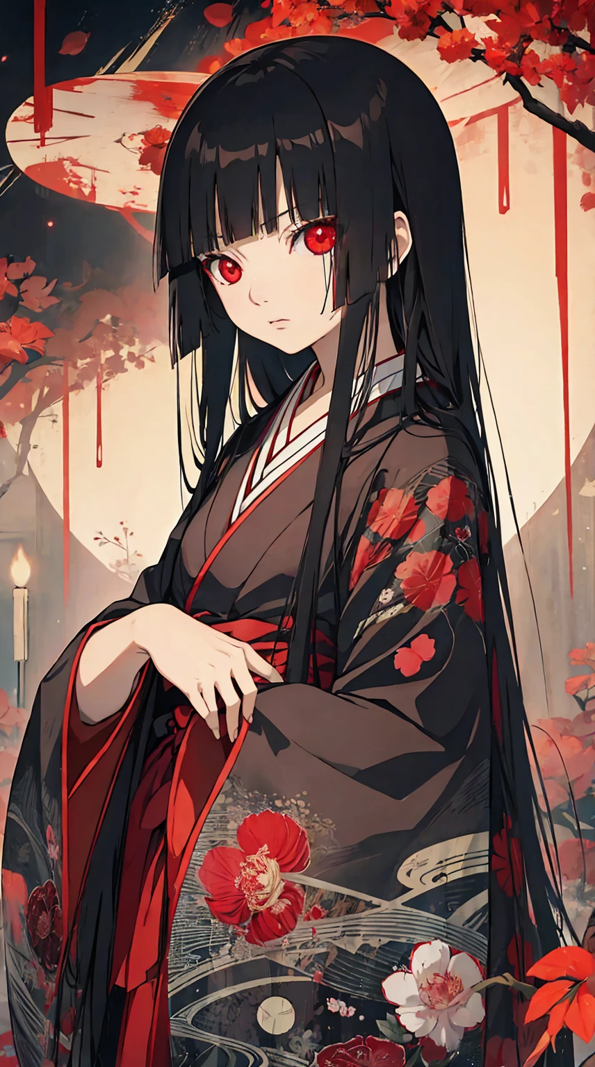 (Hell Girl),(Ai Enma),1girl,solo,stare at the far,Japanese style,8K, Best quality,rainy day,cluster amaryllis,ultra detailed