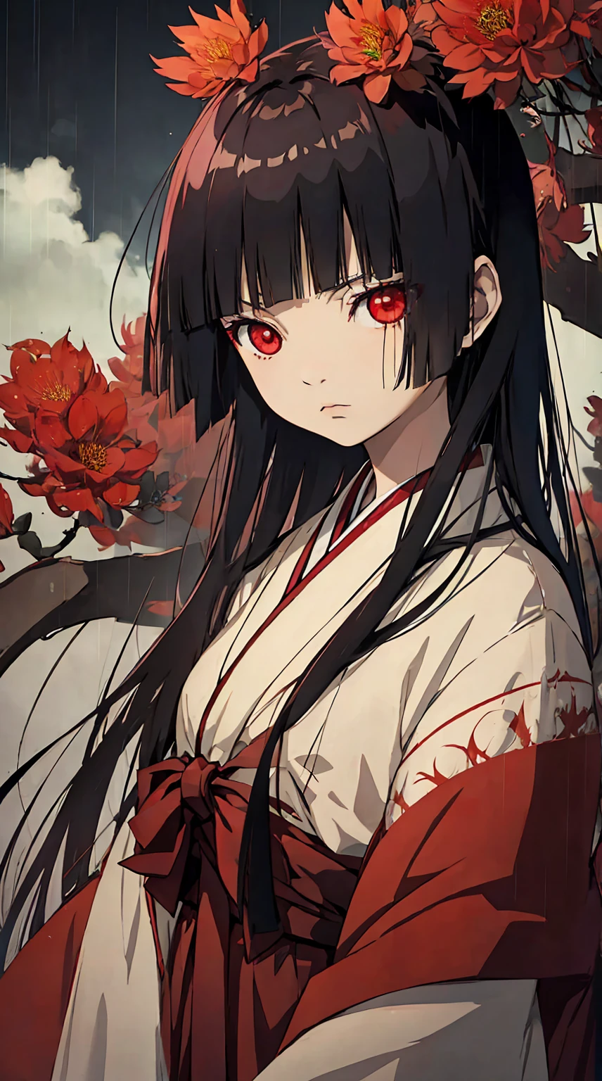 (Hell Girl),(Ai Enma),1girl,solo,stare at the far,Japanese style,8K, Best quality,rainy day,cluster amaryllis,ultra detailed