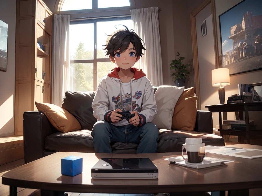 "Create an illustration of a young boy with an excited expression, Keep the PlayStation console and a MacBook on the coffee table beside the PlayStation, through a large window, depict a shiny, modern car parked. The setting should be a cozy living room with warm lighting,