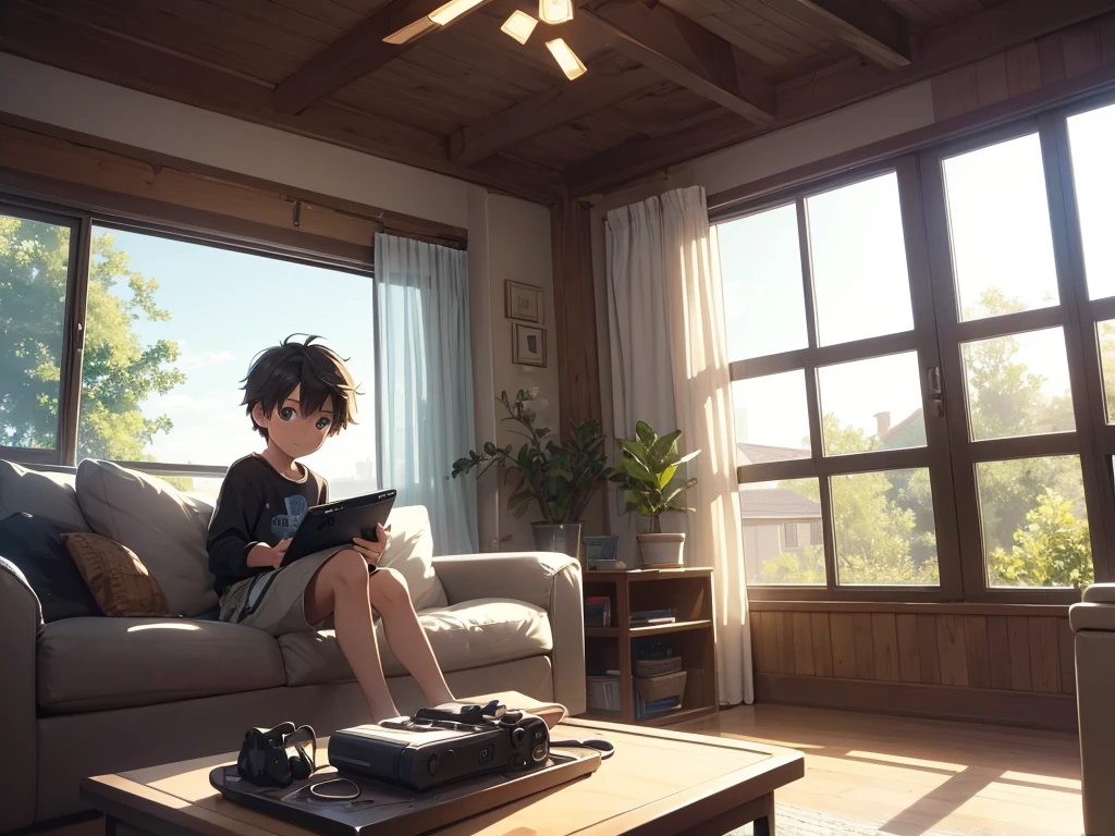 "Create an illustration of a young boy with an excited expression, Keep the PlayStation console and a MacBook on the coffee table beside the PlayStation, through a large window, depict a shiny, modern car parked. The setting should be a cozy living room with warm lighting,