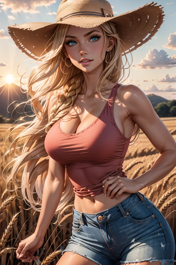 sexy farm girl with cowboy hat standing in a wheat field, tan skin, long blonde hair, cut-off jean shorts, athletic and fit body, flirty, sexy, large breast with hard nipples poking out, cleavage, pink tank top, sunset, realistic, HDR, UHD, dynamic lighting, 