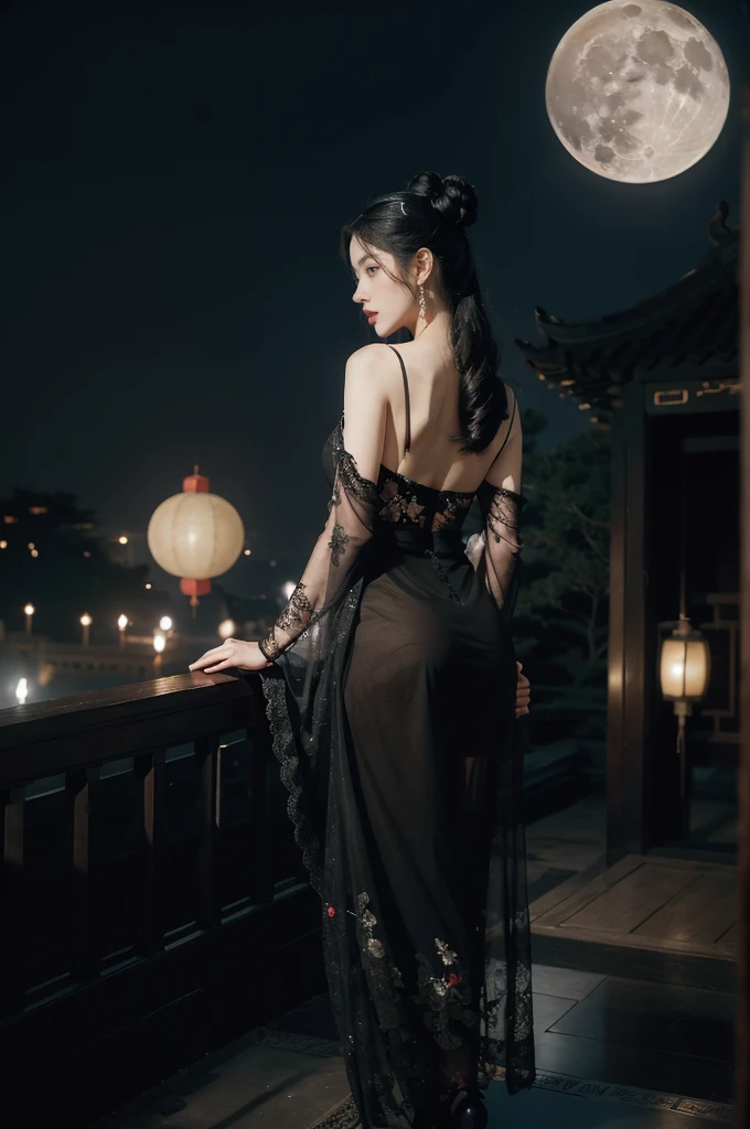 Sexy woman posing on balcony in black pajamas, , Palace , A girl in pajamas, Chinese girl, in balcony of palace, matte painting portrait shot, 4 k glamour photography, in the night time, Inspired by Paul Delvaux,, fantasy photoshoot, portrait shooting, glamour photography,The bright moon lights up the surroundings behind you,电影灯光
