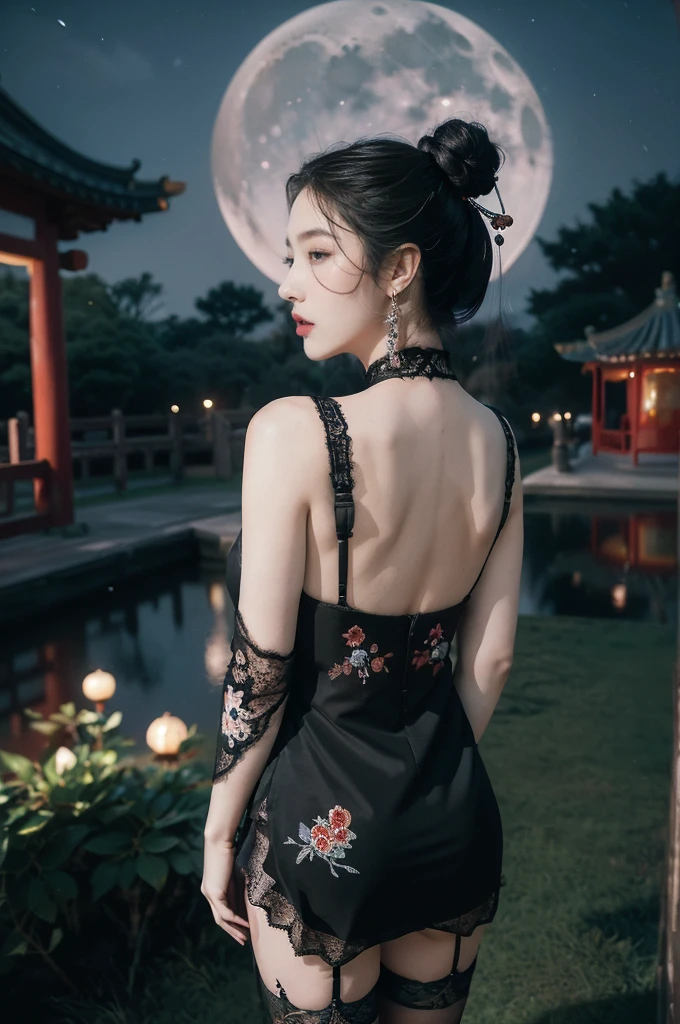 (((best quality))),(((ultra detailed))),(((masterpiece))),illustration,((1 beautiful girl,solo)),(bun hair:1.2),(Ghostly makeup:1.3),(fair skin:1.5),(red lips:1.2),(earrings:1.2),((slim,thin)),((bare back,towering hips,butt crack)),(black floral embroidered lace bellyband:1.5),(thigh loop:1.3),(stockings:1.3),(standing:1.3),(A huge moon in the sky:1.3),(moonlit Chinese garden courtyard:1.3),(Ghost Festival:1.3),(Ghostly flames are drifting in the air:1.3),elegant and sophisticated,intricate patterns,curves,dark color,striking visual appeal,ethereal,enchanting,ghostly black blossoms,swaying branches,stone pathways,moss,eerie shadows,ancient pavilion,intricate wooden structure,mystery and intrigue,cicadas chirping,auditory symphony,embodiment of the festival's spirit,bathed in the moon's glow,delicate features,raven-black hair,waterfall of darkness,moon's luminance,captivating allure,sleek fabric,clung to frame,accentuating curves,highlighting beauty,striking appearance,ethereal beauty,hauntingly beautiful scene,captured essence,blend of beauty and mystery,(night scene:1.3),((from back,upper body))