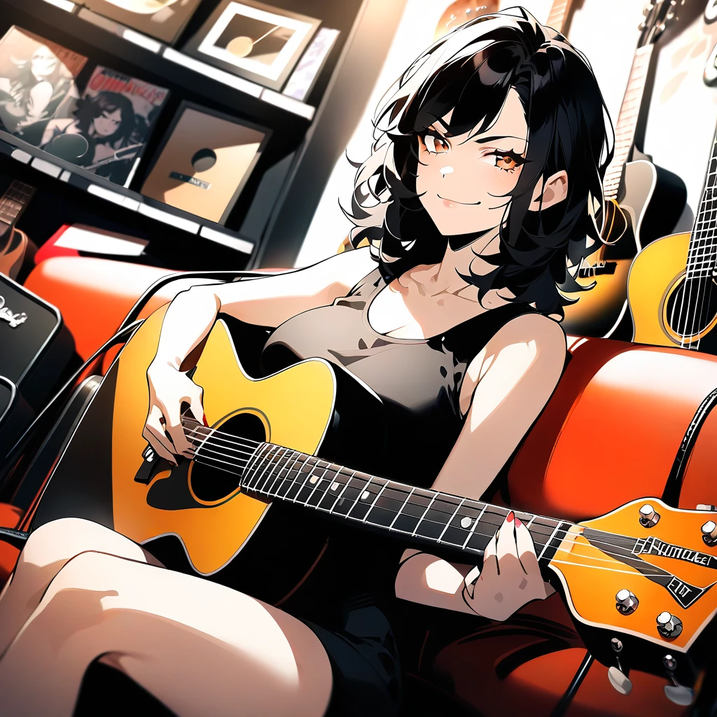 {{half body, dutch angle}} {{Artist: dev_dev(0614)}} 1girl, mature female, guitarist, black hair, messy hair, brown eyes, black tank top, holding a guitar, indoor, music store, sitting on a couch, smirking, closed mouth, looking directly at the camera, musical equipment background, modern