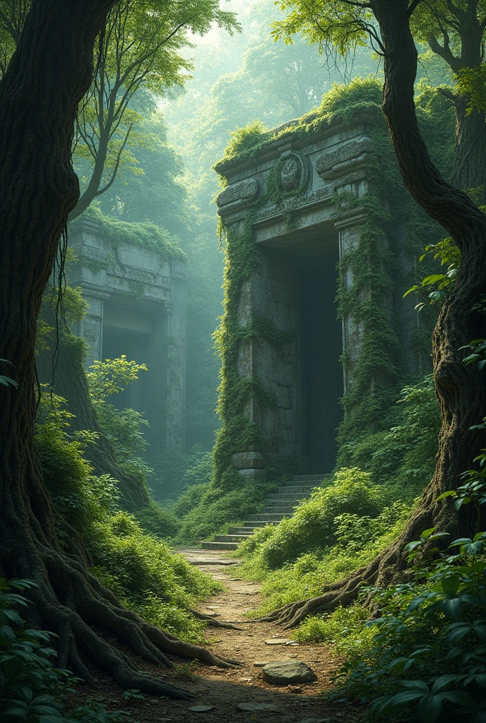 Deep forest with ruins, realistic