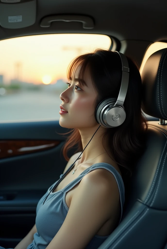 Driving and listening to music in a luxury car,beautiful girl,Japan,8k