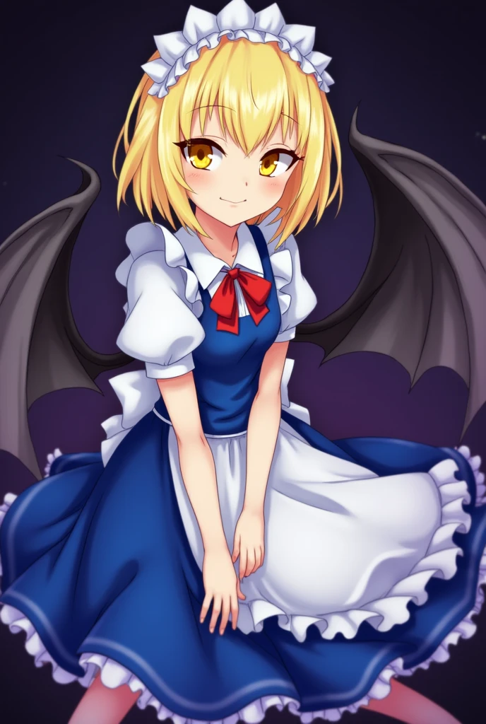 1girl, {{{{in the river (Touhou)}}}}, yellow eyes, blonde hair, short hair, blue dress, maid headdress, maid,((The most evil)),((dream world)),(((Surrounded by a dark aura))),((Fearless smile))