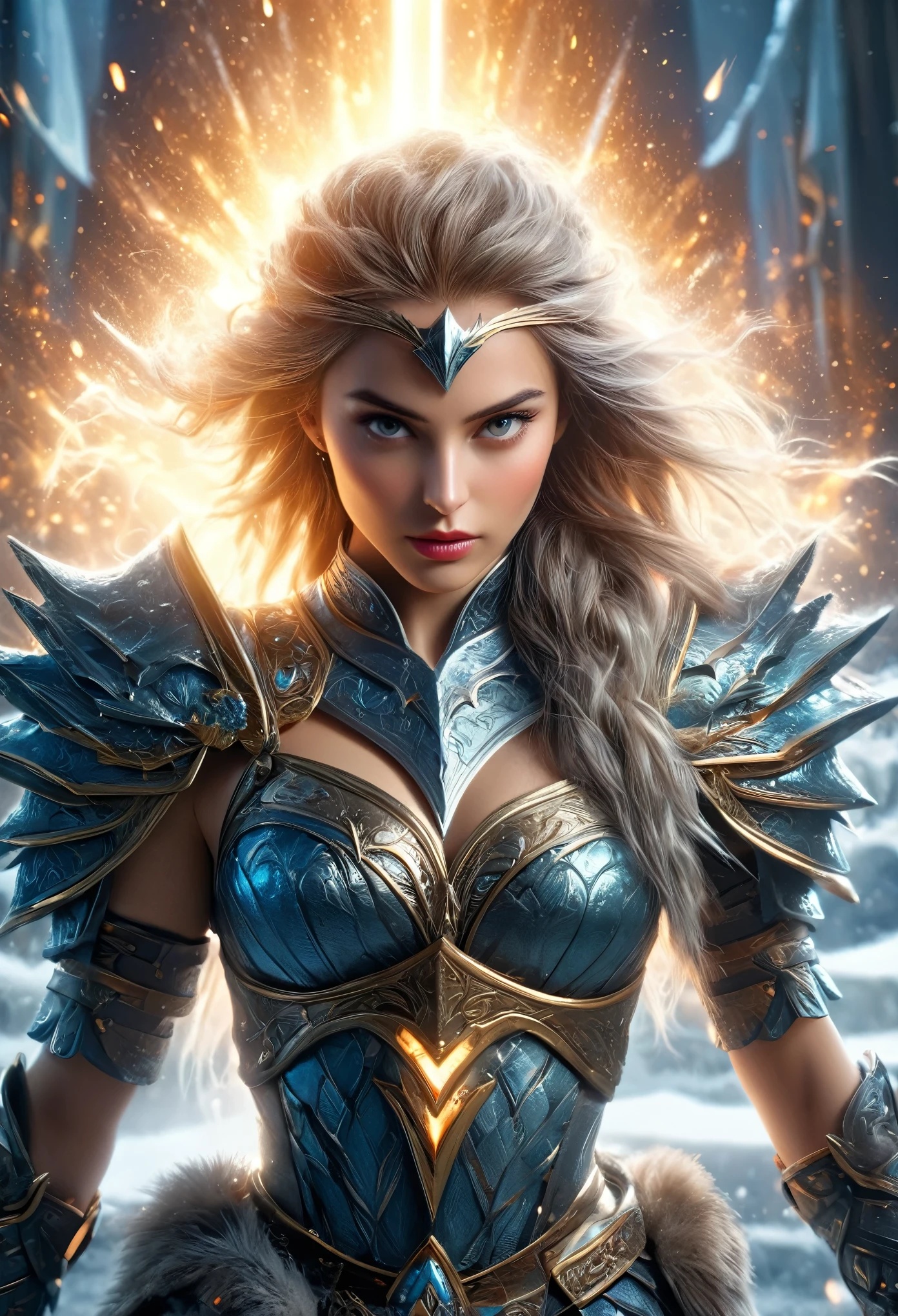 (Highest quality),(realistic,photorealistic,photo-realistic:1.37), ultra-detailed,(best quality,4k, 8k, highres, masterpiece:1.2),beautiful detailed eyes, beautiful detailed lips, extremely detailed eyes and face,longeyelashes,1girl, exotic noble warrior, detailed Ice palace background, ornate armor, holding a halberd, (surrounded by a monstrous army:1.2), dramatic cinematic lighting, vibrant colors, epic fantasy scene, toned thighs, toned abs, whole body, muscular