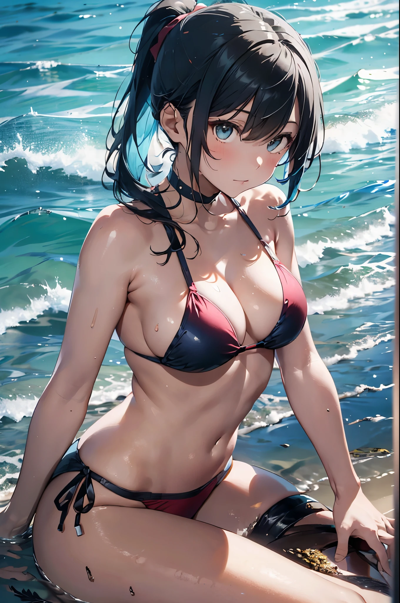 High resolution,topless、
One beautiful young woman,Light blue hair、ponytail、
(Soft Saturation:1.3), (Fair skin:1.2),
(ultra-Detailed Background, Detailed Background), Bokeh,
break'Portrait of a smiling girl.,
When viewed from the front, The composition is symmetrical,
Looking straight at you with serious eyes,
break Swimwear, Red Bikini, Center of chest,
Outdoor, Sea surface, null, sunlight,Summer beach, Sandy Beach,
Strong light, Front lighting,
(:1.3), (Cowboy Shot:1.2),
Front brake angle,
View your viewers,
Dynamic pose,
sitting on the beach
Seaweed、Seaweed、Seaweed、Seaweed、Seaweed、Seaweed、Seaweed、