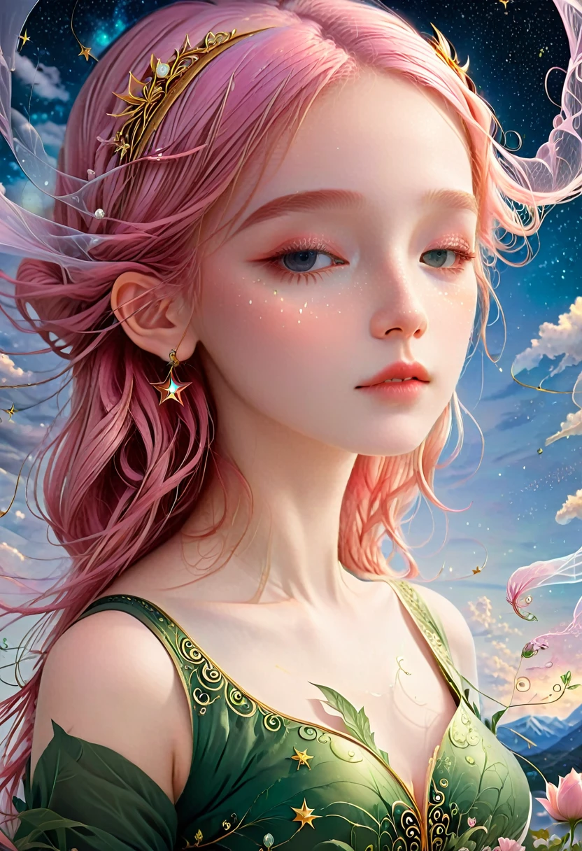 (best quality best,4K,8k,high resolution,masterpiece:1.2),Ultra-detailed,(In fact,In reality,In reality:1.37),Dreaming Sky,Gentle clouds,The stars, Surrounded by clouds,Respect,I raised my head,Long flowing pink hair,cobweb,Fairy tale pictures,Funny illustrations,Creative Illustration,Hand-drawn style,Artwork under bright lights,The Art of Magic,Storybook illustrations,Inspiring Art,Exquisite work of art