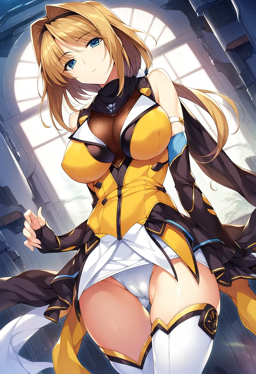 12k,masterpiece, Highest quality, Anime Style,Official Art Beautiful Lighting, 1 girl, bangs, (Inside a futuristic base:1.4), , masterpiece,Noise Reduction,Perfect Anatomy,High resolution, Very detailed,Game CG,Dutch Angle ,Beautiful attention to detail,Visual Arts,Five Fingers, Perfect hands, Perfect lighting,(Camel Toe:1.3),Red eyes,(Silver Hair:1.2),takamori haruka,(Emotionless,Expressionless:1.4)