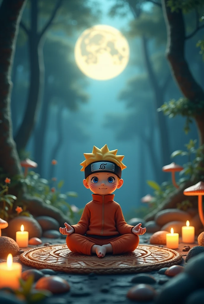 Cute naruto character meditating, with mandalas, in a mystical forest at night with the moon and candles. 3D image