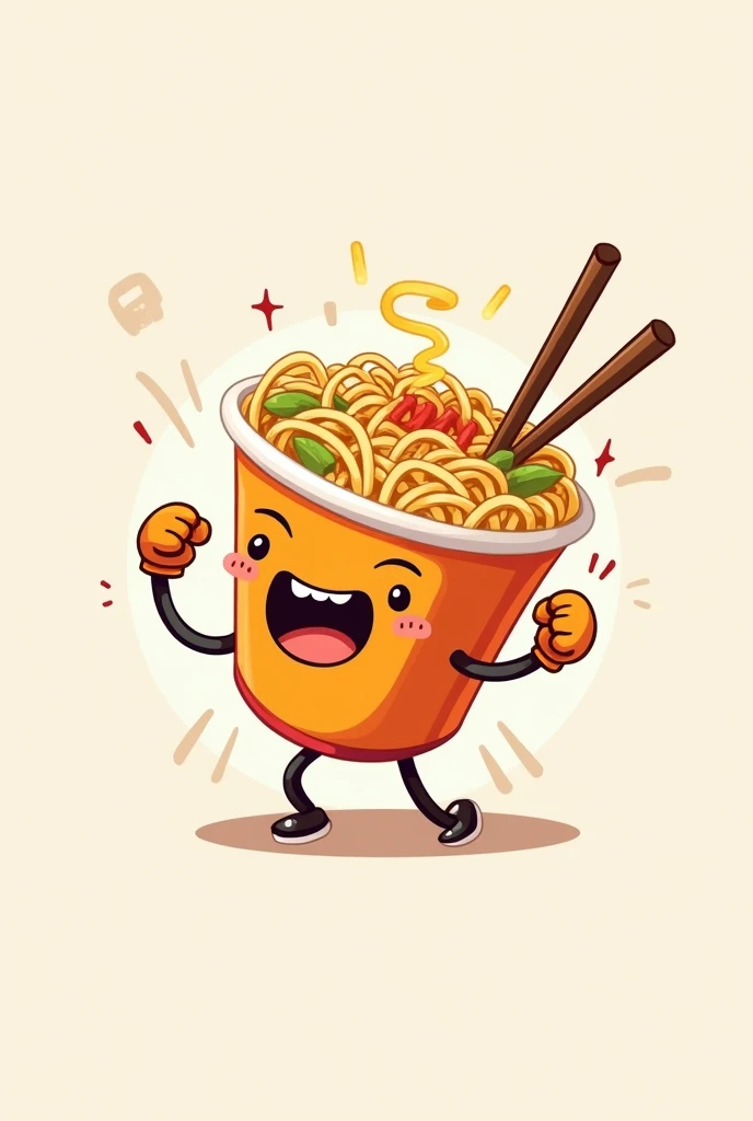 A cute cup noodle illustration character is attacking with a punch