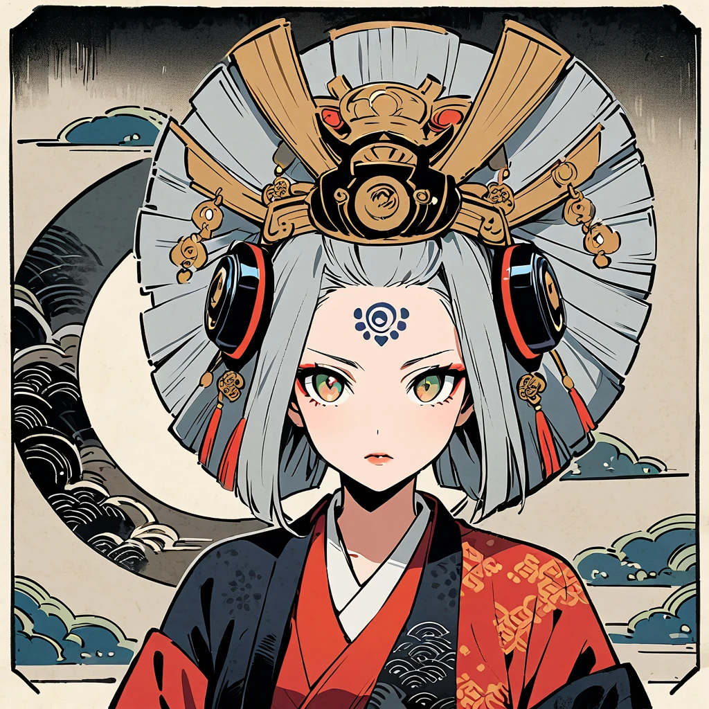 Ink Painting, (((1 girl))), (((Middle of forehead tattoo))),(((The dawn moon is visible in the background))), (((Oiran))), (((Great hair accessories))), Japanese style headphones, Demonic Possession, (((Hazel eyes with carved interior))),Bring your face closer, The Beauty of Japan, Gray Hair, Sensitive and accurate, Modern ukiyo-e style