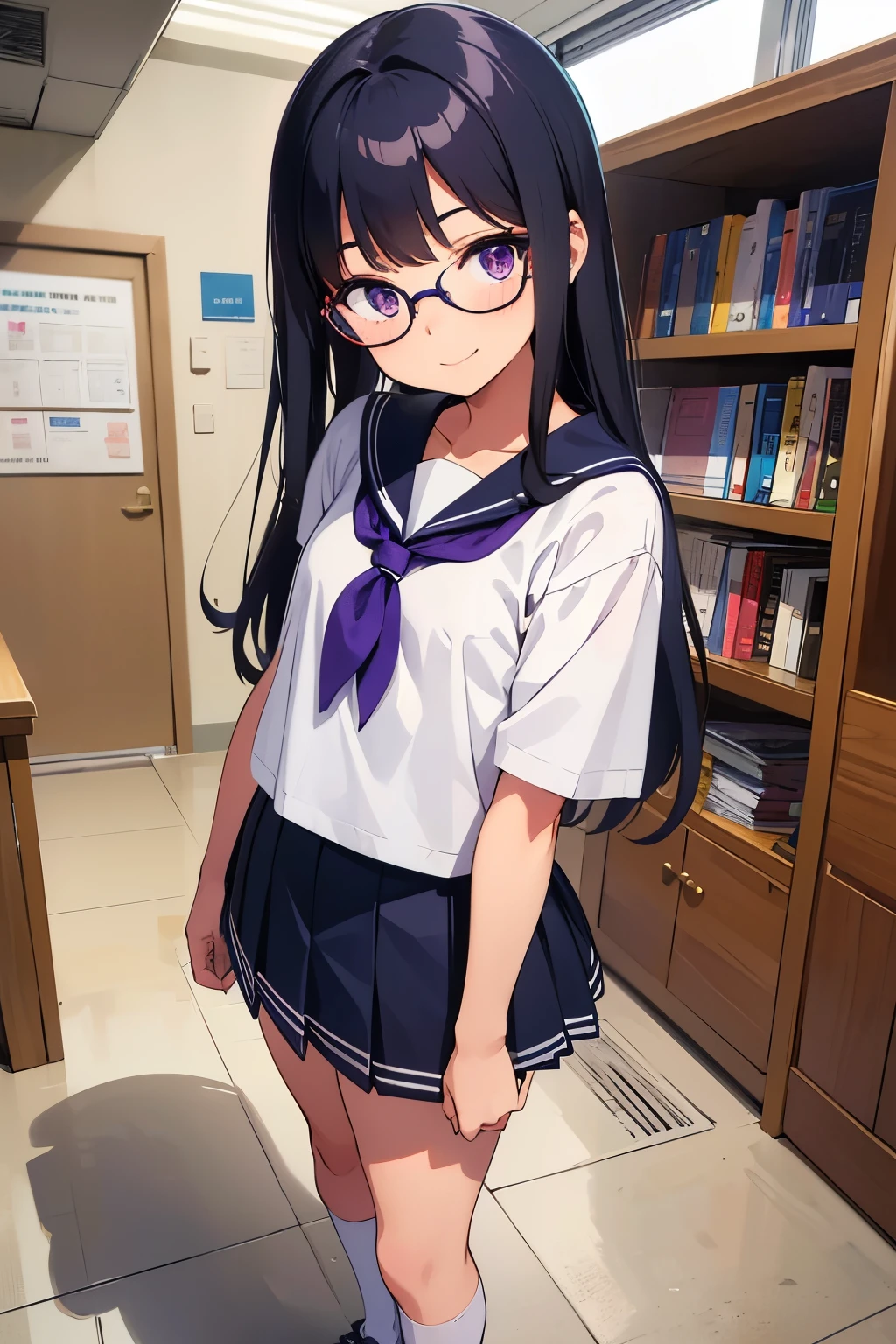  girl, 14 years old, black hair, long straight hair, glasses, purple eyes 　smile（One person）） White short-sleeved sailor suit　Navy blue mini skirt　White panties　White socks　sneakers　Library　 Are standing　Dynamic Angle　Low - Angle