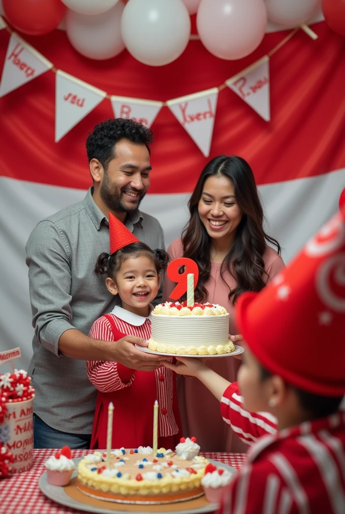 Photo of a happy family celebrating their child's 9th birthday with the theme of Indonesian independence. The family consists of a father, mother, and small child standing in front of a decorated backdrop. The child, wearing red and white clothes (symbolizing the Indonesian flag), is surrounded by balloons, banners and small Indonesian flags. Behind them is a friendly clown in red and white who is entertaining the child while holding a cake that says 'Happy Birthday'. The parents smile while standing next to the child, and the whole scene is filled with a festive patriotic atmosphere."