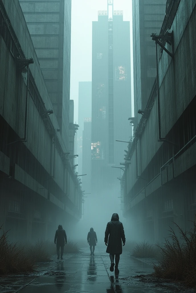 A dark city surrounded by fog and rain, with brutalist degraded buildings, rare bushes, some people walking, holographic screens on the walls.
