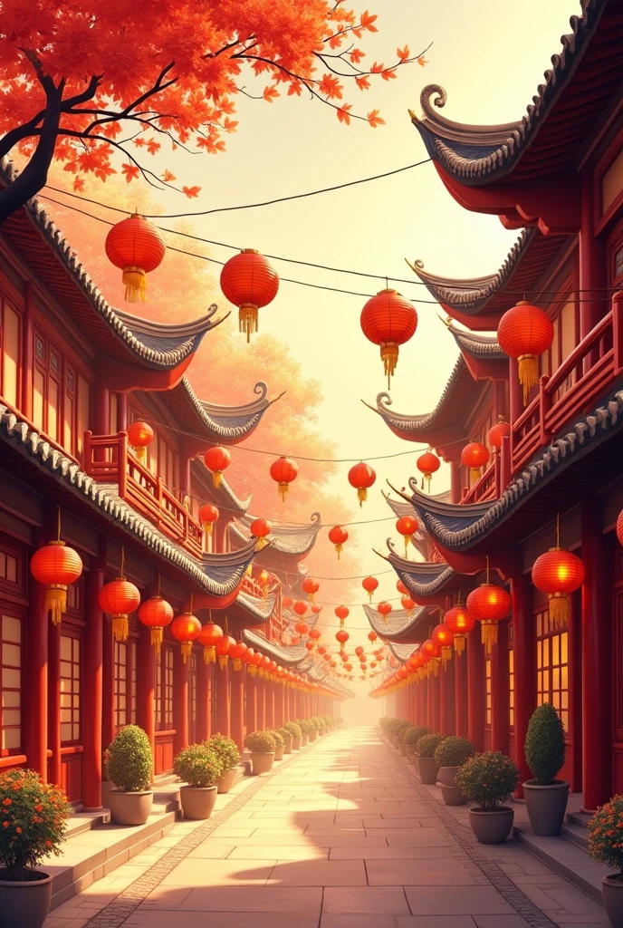Spring Festival Street，Wide viewing angle，Unobscured，lantern，Mainly red and gold，There are traditional Chinese buildings on both sides，Brilliant light and shadow，countryside，Hand-drawn style
