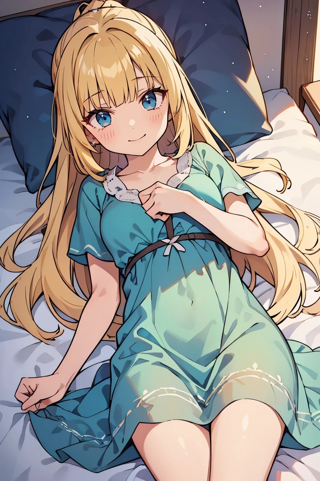masterpiece, solo girl, (young female body:1.4), (medium breasts), cowboy shot, flustered, yellow golden hair, extra gold long hair, thick wavy hair, hime cut, blunt bangs, crystal blue eyes, light blue detailed eyes, bedroom background, dark green nightgown, lying on bed, looking from abive, bird eye view, green short nightgown, nighttime, dark room, lying on back, short dark green night dress, short sleeves, ponytail
