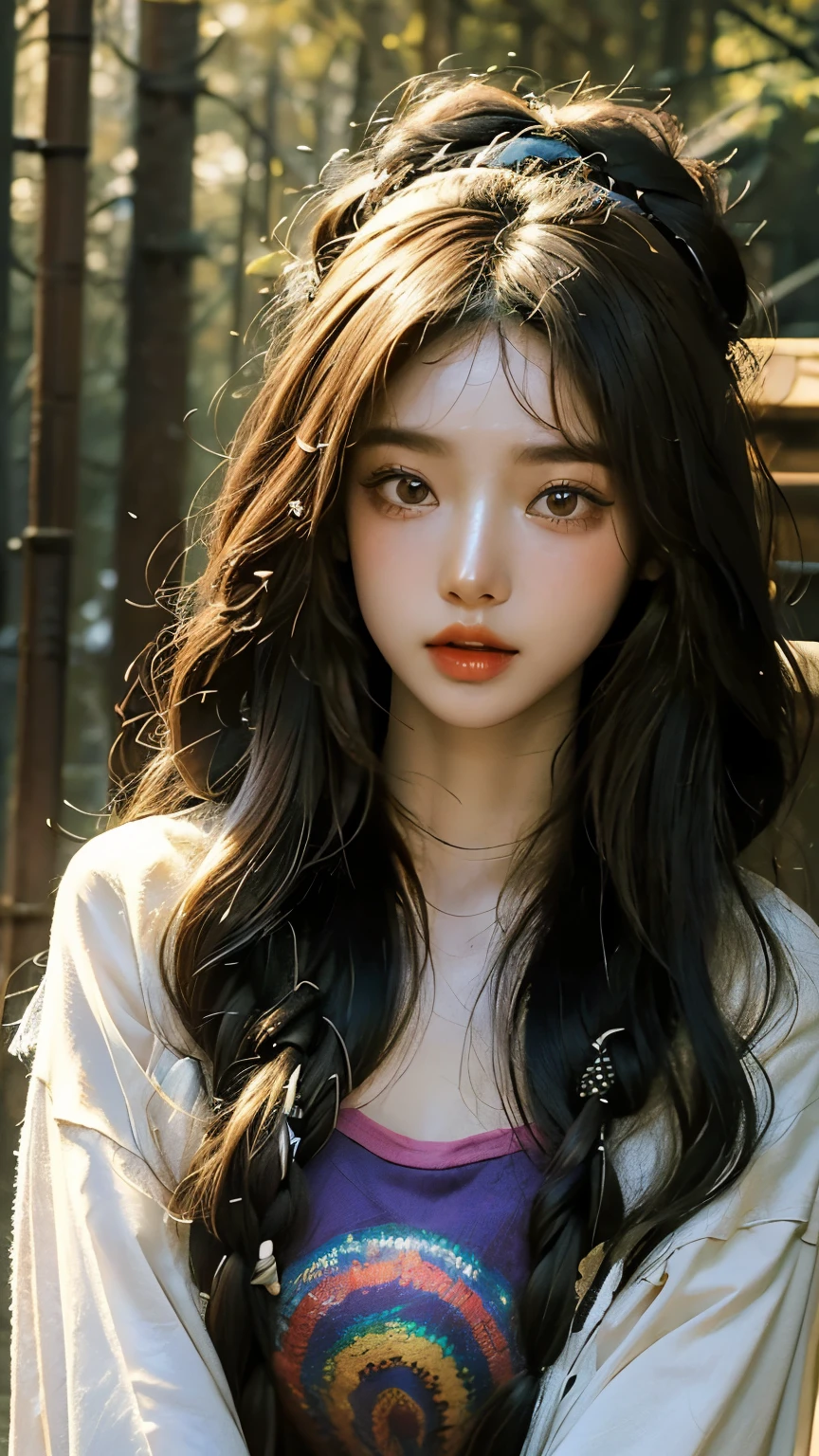 ((best quality, 8k, masterpiece :1.3)), 1 woman, Korean woman,  glowing skin, hippie style,Long hippie perm, hippie headband, hippie clothes