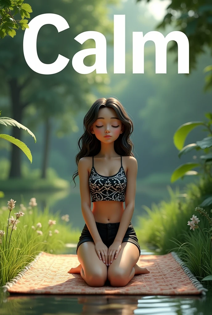 (photorealism:1.2), In this exquisite 3D render illustration, a young, serene woman finds solace in the outdoors, radiating tranquility. Kneeling on a patterned mat amidst a lush green landscape, she is clad in a black and white patterned top and black shorts. Her large expressive eyes are closed as she connects with nature, emanating a calming aura. The bold, white word 'Calm' at the top of the image emphasizes the peaceful atmosphere of this exceptional scene, capturing the essence of relaxation and inner peace, by Greg Rutkowski, by Alphonse Mucha
