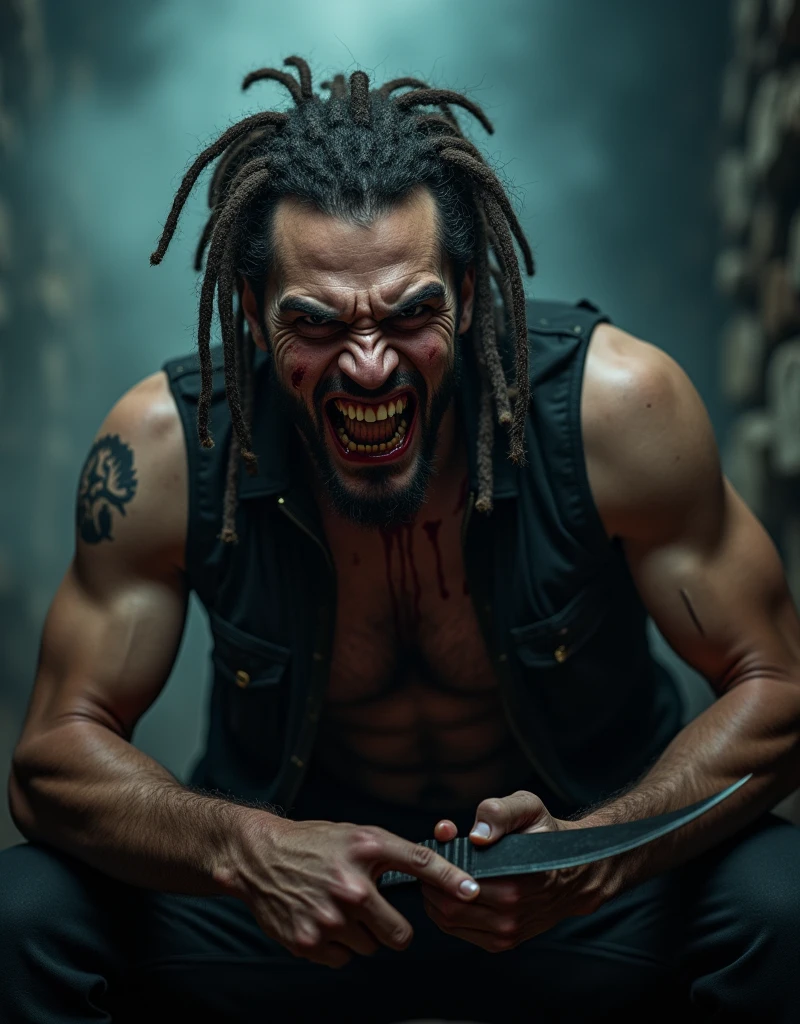 (raw photo, best quality) , (Realistic, photo-realistic: 1.3), Extremely formidable, overall plan, masterpiece, ultra-detailed, high resolution, Best illustration, best shadow, complex, depth of field, horror, scary, frightening, terrifying, only, man 1man(Male), athletic, dirty hair, dreadlocks (scary eye), bad eyes crazy, sadistic smile of crazy monster with sharp teeth, elongated chin, piercing lips, Look at the viewer, black clothes, sleeveless black jacket, blood, sangy, crazy expression, Sharpness, Blade Hold, Volumetric Fog, 8k, DSLR, High quality, (film grain: 1.4), Fujifilm XT3, Darkness, night