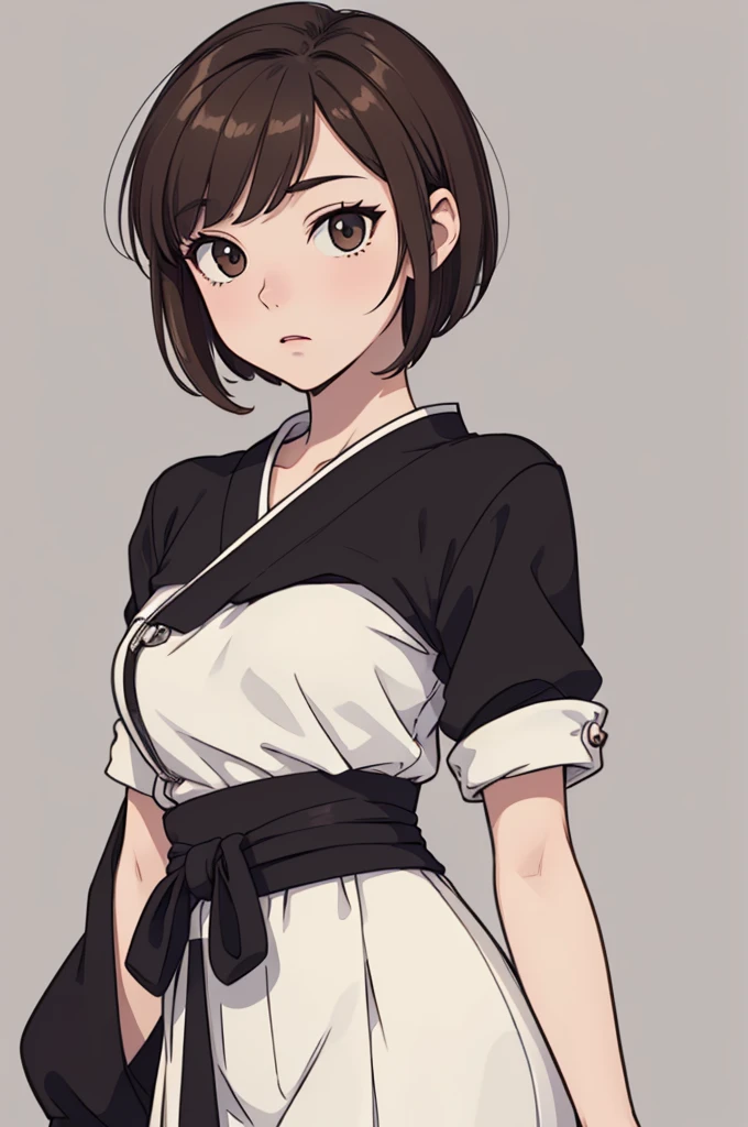 (((masterpiece, best quality, ultra highres, 1 girl, solo, no background))), super detailed skin and face and eyes and finger, beautiful japanese woman, small breasts:1.5, skinny, light brown hair, very short pixie hair, cowboy shot, The background should be simple, outline, anime, 2d, boyish, expressionless, cartoon,