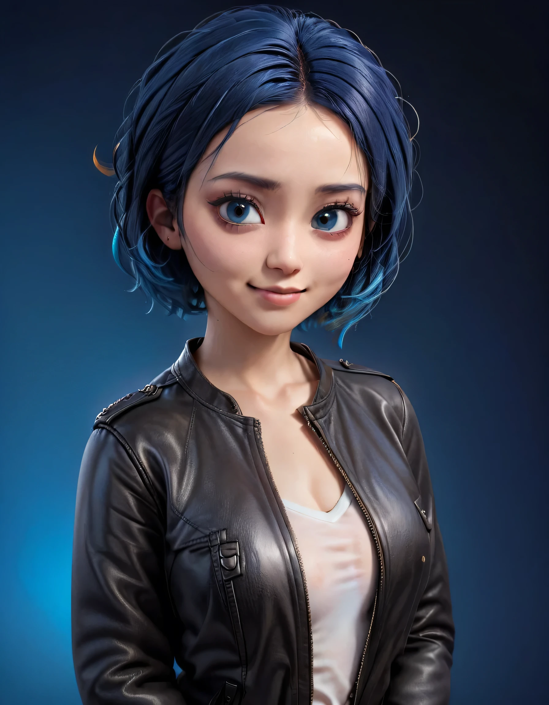 Create cartoonish caricature 3D animation with a big head. a 19 years old Indonesian woman. She has short, blue updo hair. Her face is oval-shaped with smooth lines, thick and neat black eyebrows, normal  eyes, a small pointed nose, and thin lips with a wide, friendly smile. She is wearing a black leather jacket over a white t-shirt. Gradient blue background with professional lighting. masterpiece, top quality, skin and face very detailed, ultra-realistic, high definition, studio lighting, sharp focus, body angle 2/3, Concept Art, 3D render.