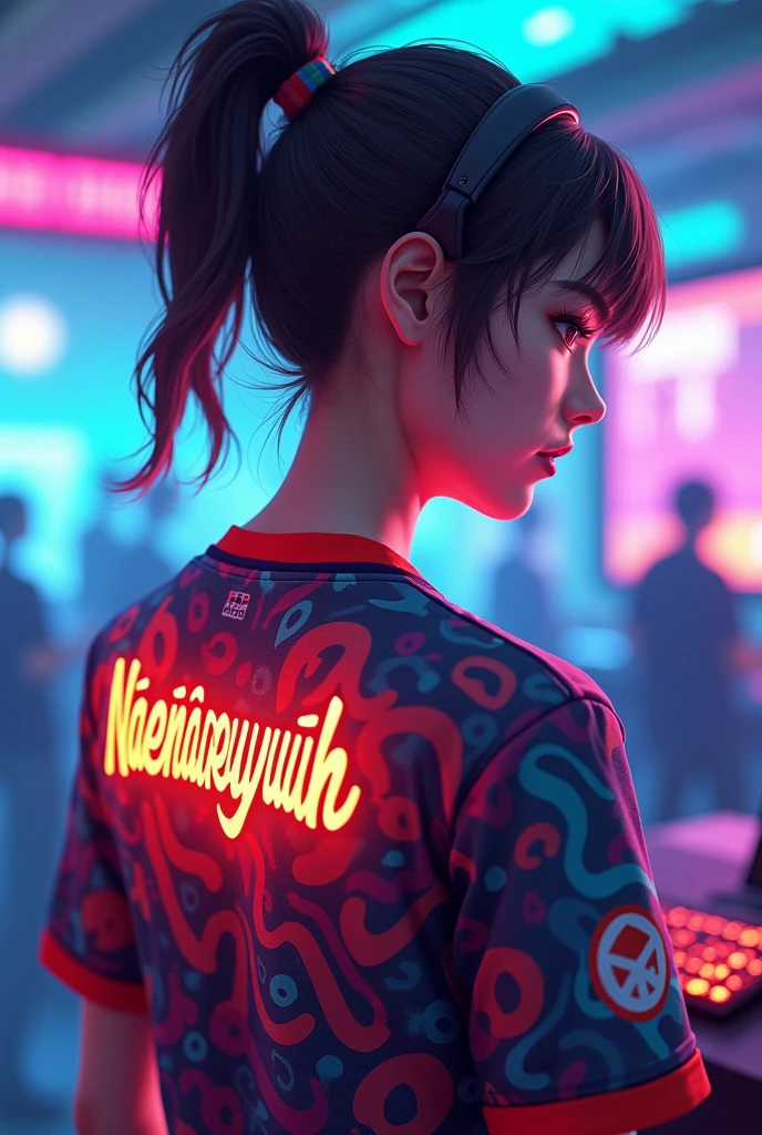 A young woman gamer wearing esports jersy with a name of "Naͥenͣaͫeyuuuh" at the back