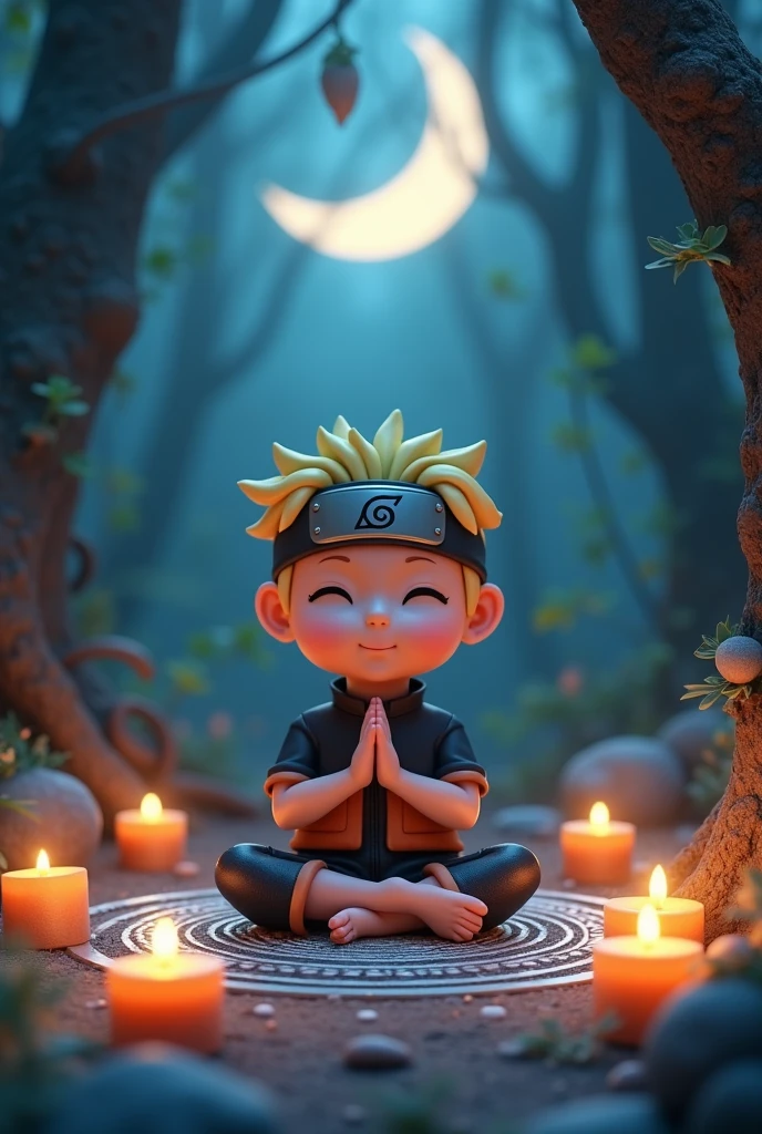 Meditating baby naruto character, with mandalas, in a mystical forest at night with the moon and candles. 3D image