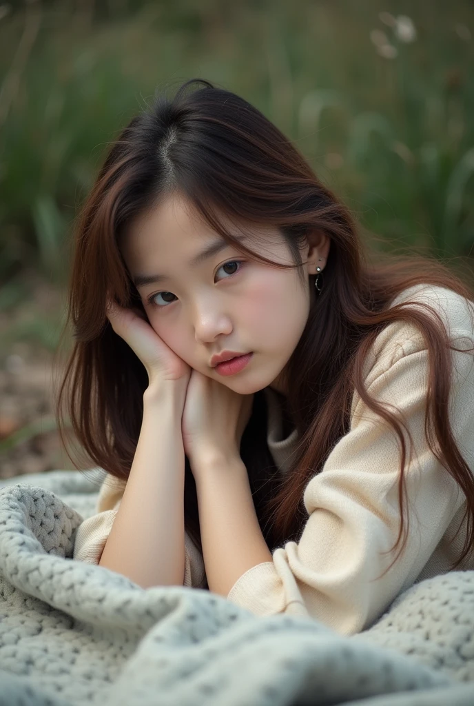 A beautiful korean girl, long brown hair, sleep on the ground outside, full body, photo from up 

