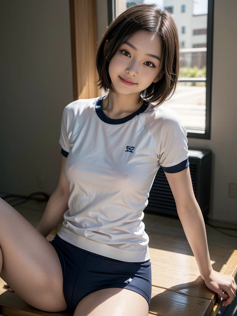(masterpiece:1.3), (8k、Realistic, RAW Photos, Highest quality:1.2), (alone), (1 girl), (cute:1.3), (Very beautiful Japanese girl), nice smile, Red cheeks, (Skin with attention to detail: 1.2), Photorealistic Anime Girl Rendering, Realistic anime 3D style, Beautiful brown bob hair, Intense black eyes, Strong eye highlights, (Accurate and natural normal size breasts), Perfect Anatomy, My hair is messy, (Bloomers), (Old fashioned sportswear), (White tight short sleeve shirt, Dark blue short tight shorts), Accurate Arm, Five Fingers, Accurate legs, On the bench, get up, Bloomersを見せびらかす, Small area sportswear, Volumetric Lighting, Soft Light, bright, neon, bright色