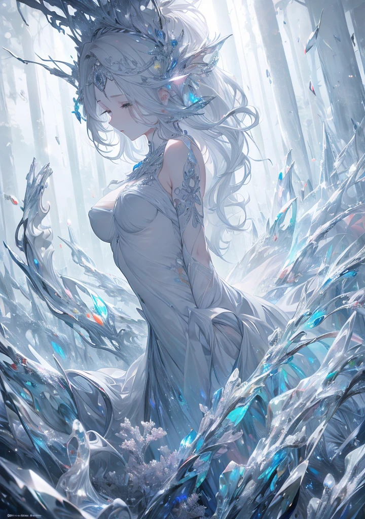 High resolution RAW color art, Sculpture, Train marble skin, High Angle, crystal, (((Highly detailed elegant))), Magical atmosphere, Focus on the upper body, Gray and white forest, waterfall