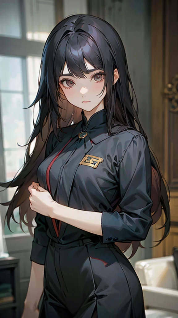woman in a black suit standing in a living room, a character portrait by Yang J, trending on cg society, digital art,black silky hair, silver eyes,anime girl with long hair, ig model | artgerm, smooth anime cg art, extremely detailed artgerm, style artgerm, artgerm style, trending artgerm, artgerm portrait