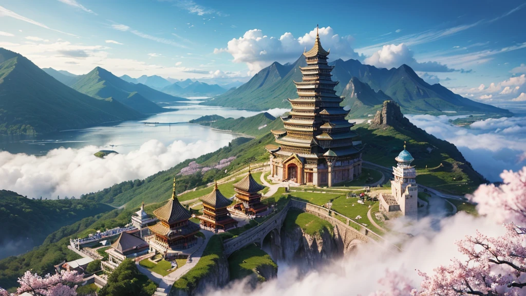 ((master piece)), best quality, (8k, best quality, masterpiece:1.2), ultra-detailed, illustration, eastern, big eastern fantasy Flying city in the sky, clouds around, eastern architecture, air swirl scarring around, Giant eastern castle in the center, daytime, giant tornado under the islands, crystal sea under, cherry blossom trees