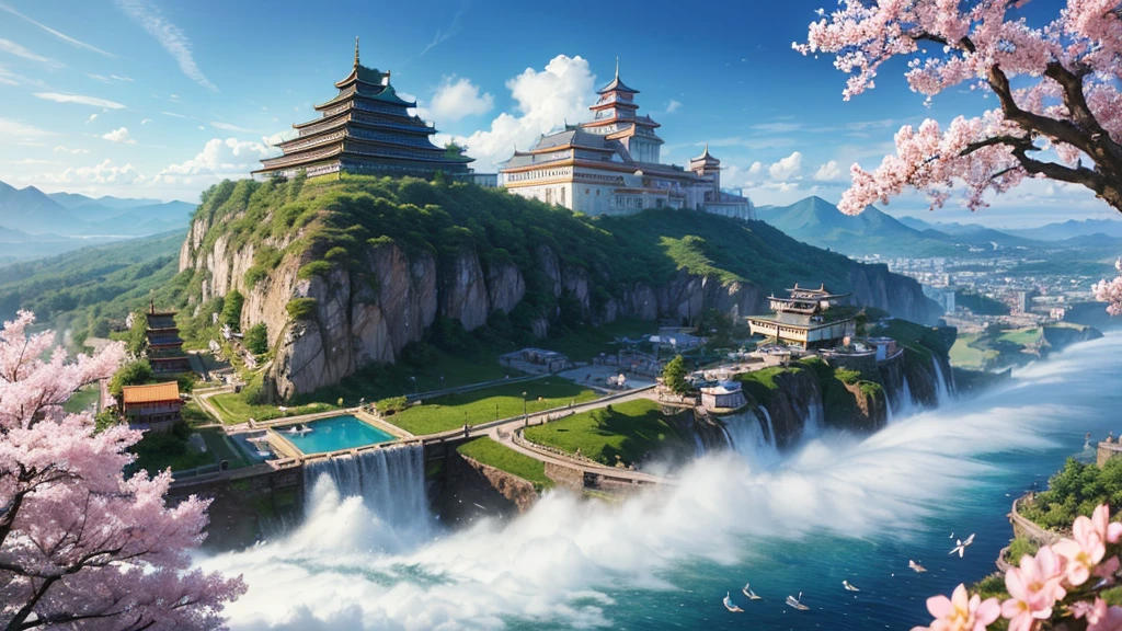((master piece)), best quality, (8k, best quality, masterpiece:1.2), ultra-detailed, illustration, eastern, big eastern fantasy Flying city in the sky, clouds around, eastern architecture, air swirl scarring around, Giant eastern castle in the center, daytime, giant tornado under the islands, crystal sea under, cherry blossom trees