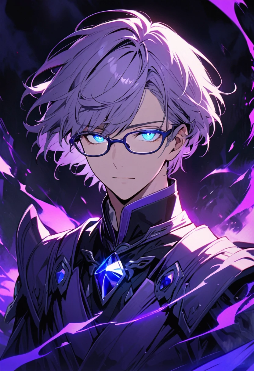 male, solo, handsome, light purple hair, beautiful color, short hair, blue eyes, glasses, gorgeous background, dark blue aura, glowing eyes, beautiful eyes, cool, floating blue gemstone, floating purple warrior, short hair
