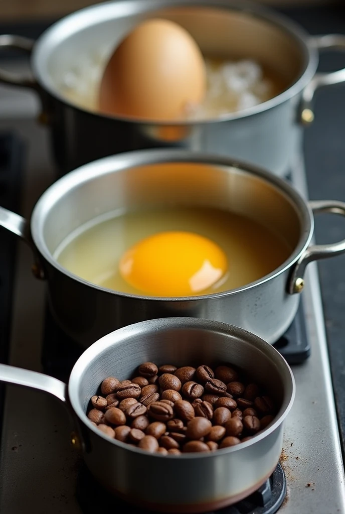 • When the water started boiling, the father placed a potato in one pot, an egg in the second, and coffee beans in the third.
