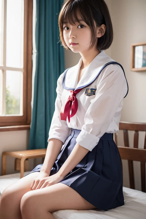 Highest quality, beautiful girl ,Midsummer, , Japanese Girls, high school girl, In uniform,Sailor suit,mini skirt, Attractive thighs,He seems to be good at fighting,Bob hair or short cut,Sit on the bed, window, sunset, machine , bib cut short hair, Shooting with a camera