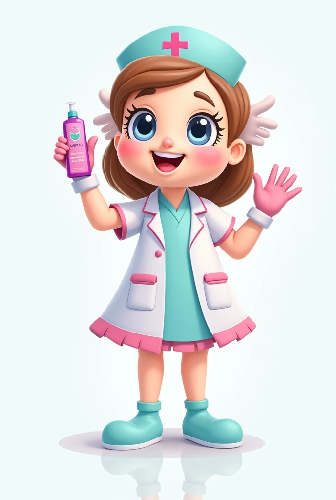 Mascot Design Details:
1. Head: The head should have a cute cartoon-like appearance with a round face. Large, bright eyes and a friendly expression are key. Incorporate hand elements, such as nurse gloves used as ears or as part of the head, to symbolize hand hygiene.
2. Body: The mascot wears a female nurse uniform in pastel colors like light blue or white, with soft pink accents on the skirt, sleeve cuffs, and hat. The nurse hat has a red cross symbol on it.
3. Hands: One hand of the mascot is holding a hand sanitizer bottle. The bottle should be brightly colored, possibly with a pink or blue label, matching the overall color theme of the mascot.
4. Color Scheme: Use pastel colors such as pink, blue, and white to create a bright, cute, and friendly appearance that appeals to all ages.