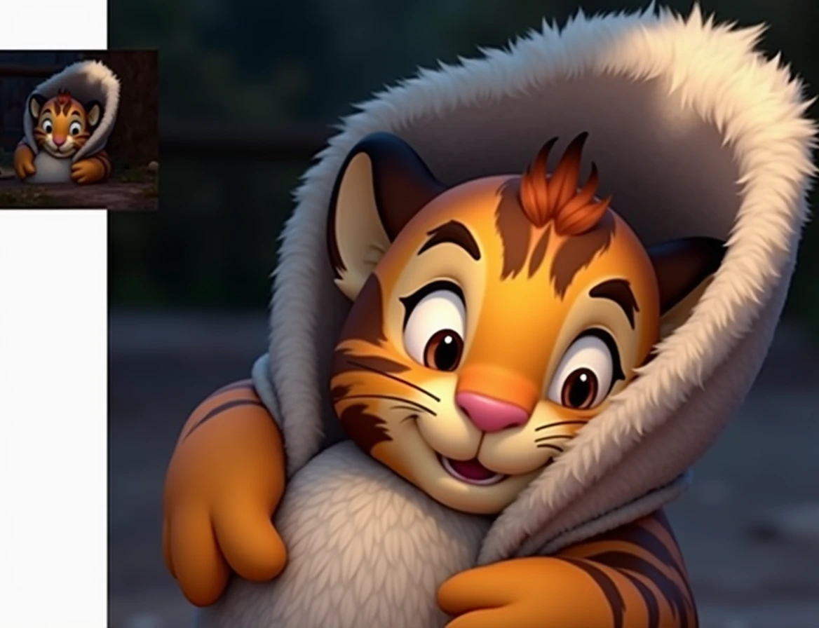 render this picture with high quality (chef-d&#39;œuvre), (Meilleure qualité), (ultra-détaillé), (corps entieresbienne:1.2), super mignon, par Pixar, Bébé Tigre, de grands yeux brillants, Duveteux, sourire, Délicat et fin, contes de fées, détails incroyables, À la manière de Pixar, palette de couleurs vives, Lumière naturelle, rendu par octane, tendance sur artstationh, magnifique, ultra grand angle, 8k, HD, Réaliste