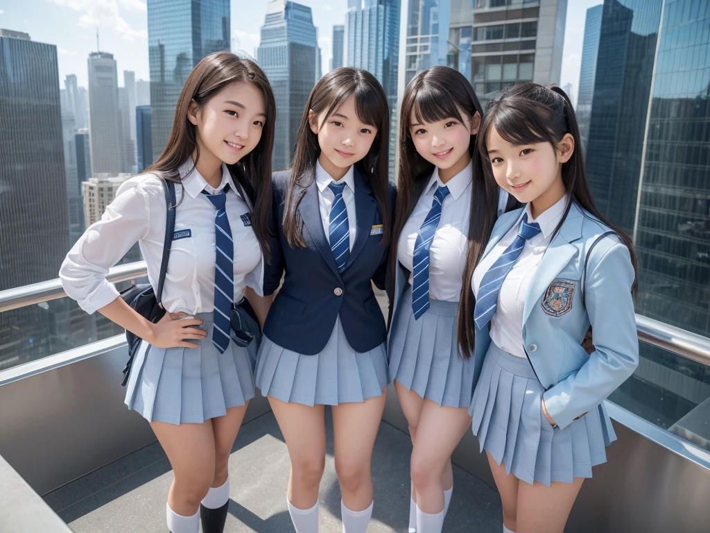 8k, ((Super Giant Girl Art)), Realistic, Ultra HD, 1 girl, (2+girls:1.5), twins, Big Breasts, Very detailed depiction, Light blue blazer, Grey tie, Blue mini skirt, White Pantyhose, (Extremely detailed depiction, High school girls are much taller than skyscrapers, Miniature metropolis, crash micro city, feet, destruction, Building Powder々, Super huge school girl, 2+girls, Full body description), Translucent skin texture, Beautiful Skin, Semi-long hair, Beautiful 16 year old girl, Cute Smile, Top view