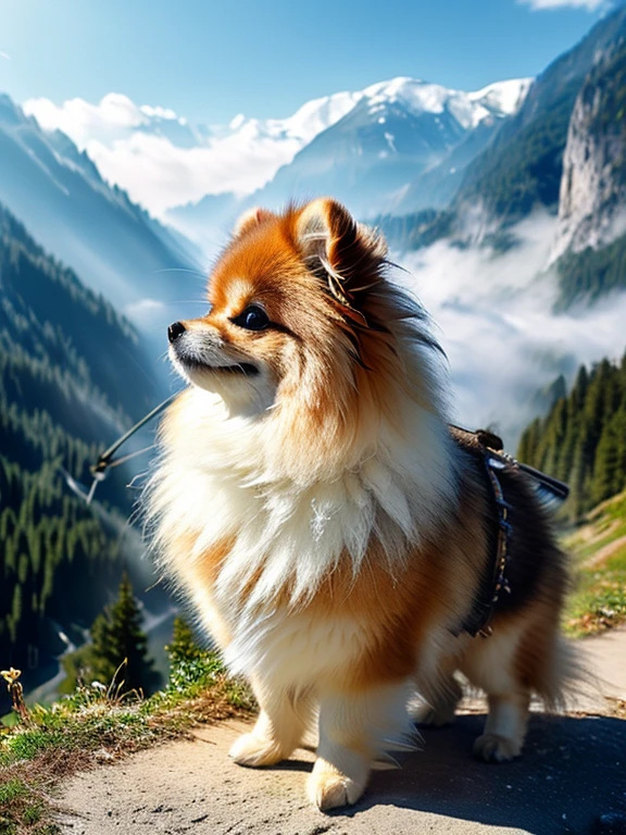 (Masterpiece, Best quality: 1.4), (ultra realistic, Photo-realistic: 1.2), From side, Two savior-like Pomeranians, Pomeranian standing on two legs, Holding a walking stick, people々Guiding, Watching over with kind eyes, In the fantastic foggy mountains, The mysterious morning sun shines through the mist, 