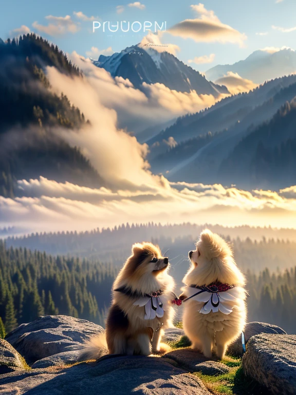 (Masterpiece, Best quality: 1.4), (ultra realistic, Photo-realistic: 1.2), From side, Two savior-like Pomeranians, Pomeranian standing on two legs, Holding a walking stick, people々Guiding, Watching over with kind eyes, In the fantastic foggy mountains, The mysterious morning sun shines through the mist, 