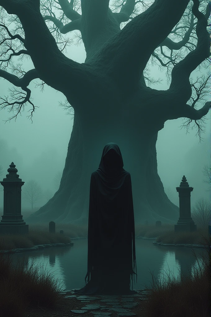 A realistic picture. A horrible shadow stand front of a big horrible tree. Behind a pond and graveyard.