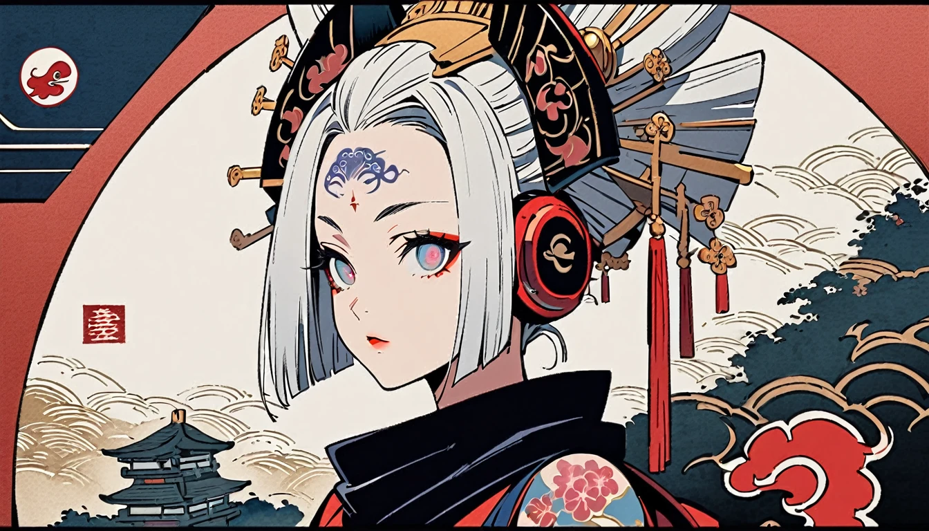 Ink painting, (((1 girl))), (((Tattoo in the middle of the forehead))),(((In the background is the Akatsuki moon))), (((Oiran))), (((Great hair accessories))), Japanese style headphones, Demon possession, (((Sakura tree color eyes with engraving inside))),Face up close, Japanese beauty, White hair, Sensitive and precise, Modern Ukiyo-e style