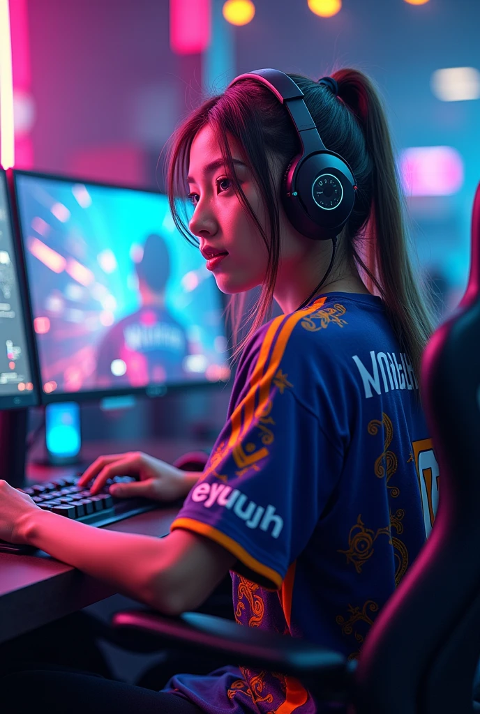 A young woman gamer wearing esports jersy with a name of "Naͥenͣaͫeyuuuh" at the back