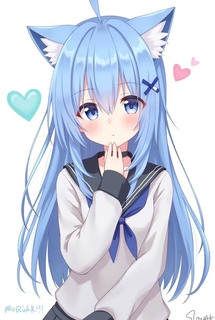 One girl, blue eyes, Long Hair, Blue Hair, Long sleeve, bangs, Cat ear, hair ornaments, Sleeves are longer than the wrist, blush, Staring at the audience, Hair between the eyes,beautiful girl, Close your mouth, Heart symbol on background,High School Uniform,An innocent smile